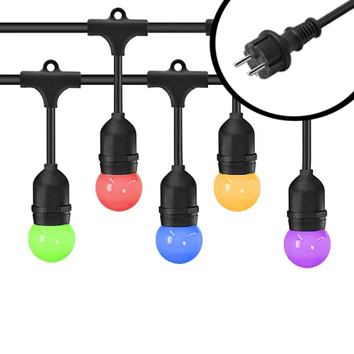 10m LED Prikkabel - IP65 Lichtsnoer Buiten - koppelbaar - inclusief 10x gekleurde E27 lampen - Incl. Stekker