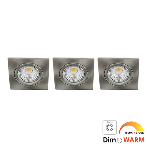 Set 3x Bella Ondiepe LED spot kantelbaar 7Watt vierkant NIKKEL IP65 dimbaar - dim to warm - interne driver