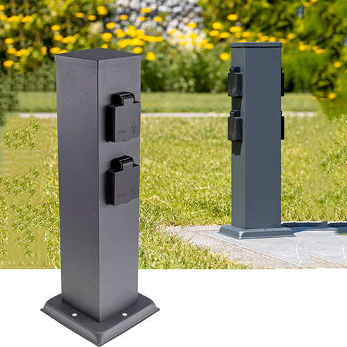 Buitenstopcontact 2 zijden dubbel (4x) op 47cm zuil zwart IP44 – tuincontactdoos – stekkerverdeler buiten