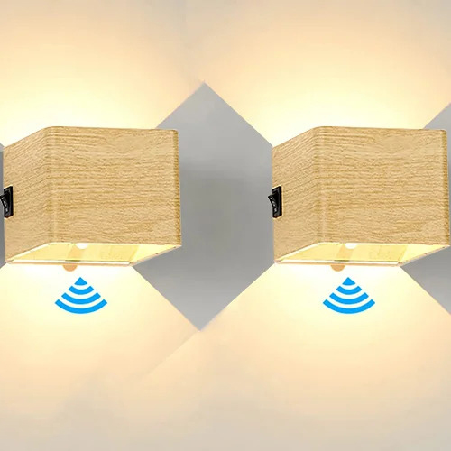 Set 2x Qube Oplaadbaar Wandlamp licht Hout LED 5Watt ESSEN + PIR bewegingssensor