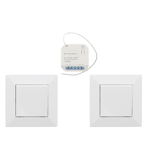 Wifi draadloos, micro dimmer module 150W met 2x puls hotel wissel-schakelaar WIT