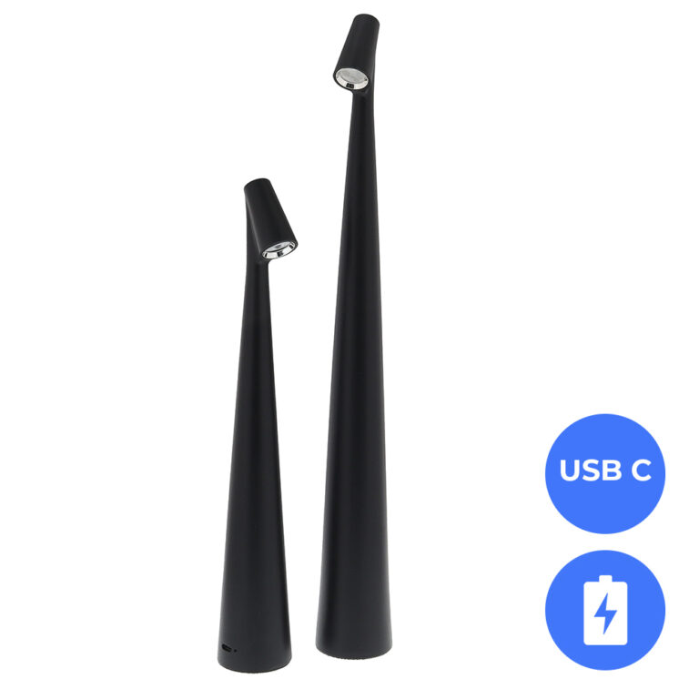 Set 2x Nordic Design LED Tafellampen Nachtlampen Oplaadbaar Gitzwart - USB-C - 34+45cm CCT switch én dimbaar